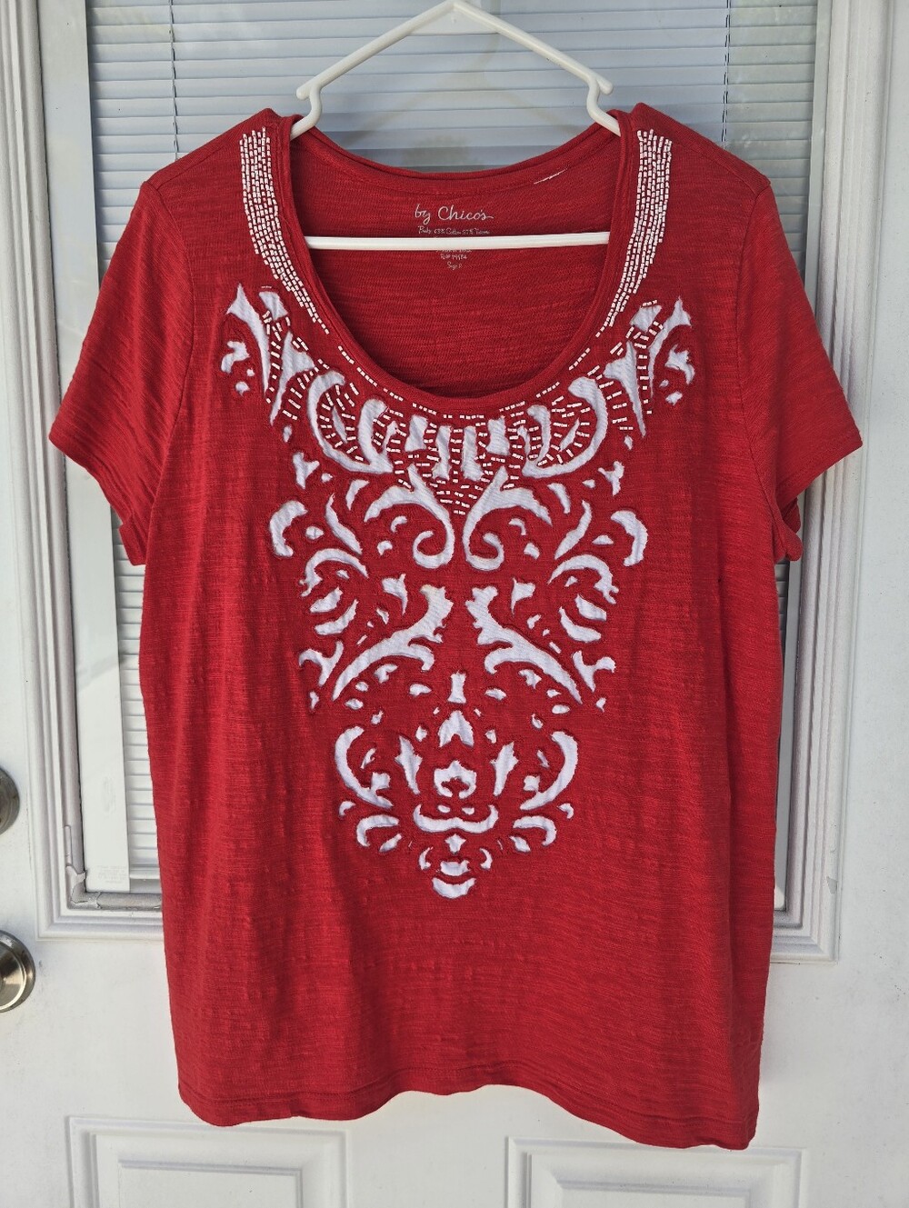 Chico's Red Short-Sleeve Scoop Tee with White Embellished Design